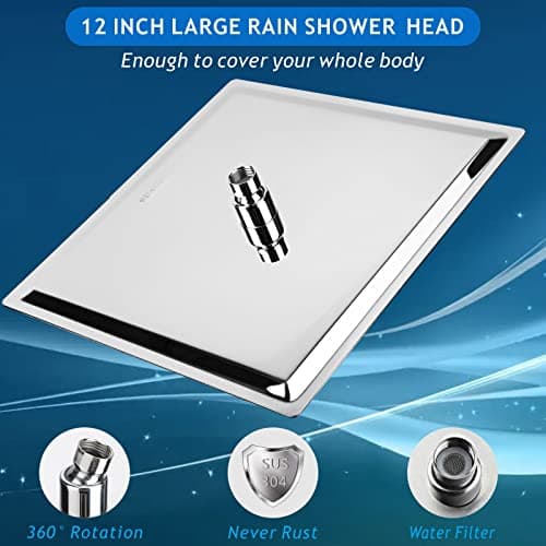 Voolan Rain Shower Head - High Flow Large Rainfall Shower Heads Made of Stainless Steel - Waterfall Bathroom Square Showerhead - Ceiling or Wall Mount (12" Chrome) 2