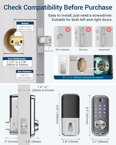 Keyless Entry Smart Door Lock - TEEHO TE217 Fingerprint WiFi Keypad Deadbolt for Front Door, Built-in Wi-Fi Smart Deadbolt, APP Remote Control, BHMA Grade B, IP65 Weatherproof 6