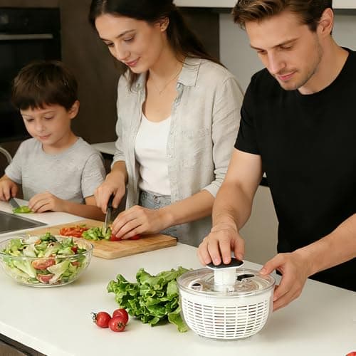 Ourokhome Salad Spinner Lettuce Dryer, One-handed Easy Press Large Vegetable Dryer Salad Mixer with Comfortable and Retractable Pusher and Brake Button for Greens, Herb, Berry, Fruits, 3.8 QT, Black 8