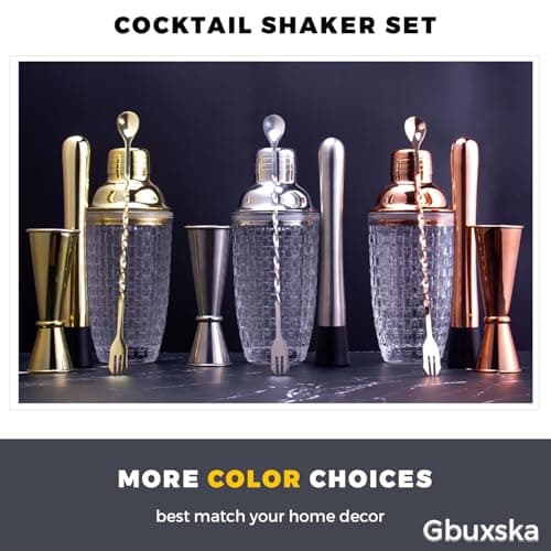 Gbuxska Gold Cocktail Shaker Set - Glass Cocktail Shaker with Strainer - Martini Shaker Set -Matching Cocktail Jigger & Bar Spoon with Muddler – Bartender Kit for Home Bar 6