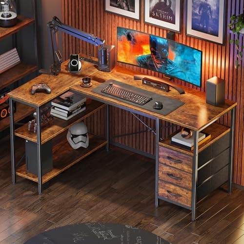 Huuger L Shaped Office Desk with Power Outlets, 47 Inch Computer Desk with 3 Drawers, Shelves, for Gaming, Corner Work, Home Office, Study, Rustic Brown 8