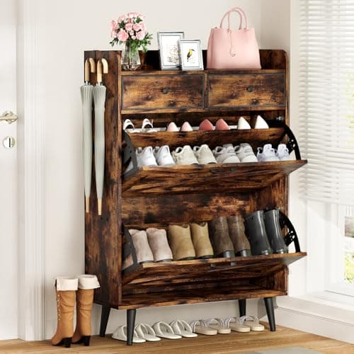 EasyCom Shoe Cabinet Storage for Entryway, Narrow Shoe Organizer Cabinet with 2 Flip Drawers & 2 Fabric Drawers, Farmhouse Freestanding Big Shoe Storage Cabinet with Robust Legs, Rustic Brown
