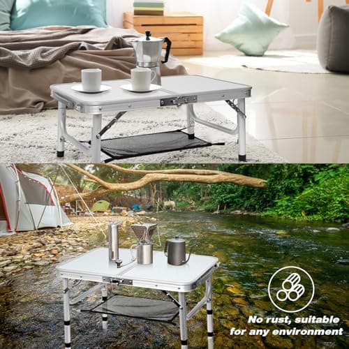 Folding Table Small Lightweight Portable Aluminum Camping Table Mini Foldable Table with Adjustable Height Legs for Picnic Cooking Beach, 2ft and 3 Heights 6