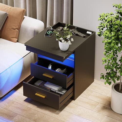 Night Stand with Gun Drawer, Charging Bedside Table with USB & Type-C Port, LED Nightstand with Human Sensor Light, Modern End Table with Drawers for Bedroom Office, Black 5