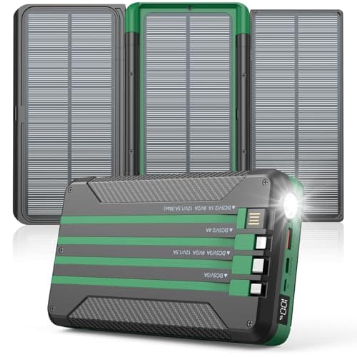 Power Bank Solar Charger 46800mAh Built in 4 Cables 3 Foldable Solar Panels, PD20W Fast Charging Portable Charger, LED Display Powerbank USB C in/Output, External Battery Pack with SOS Camping Light