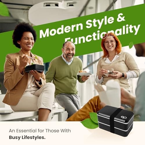 Stackable Bento Lunch Box for Adults with Utensils - Leakproof Bento Box Adult Lunch Box Containers w/ Compartments & Dividers, BPA-Free, Microwave/Dishwasher Safe, 5" x 7" x 4.5", Black w/ Strap 7