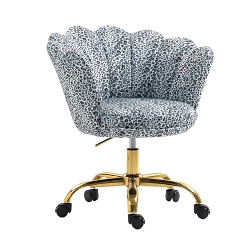 ZOBIDO Comfy Home Office Task Chair with Wheels, Cute Modern Upholstered PU Seashell Back Adjustable Swivel Vanity Desk Chair, for Women,for Girls, Living Room, Bedroom（Snow Leopard Pattern
