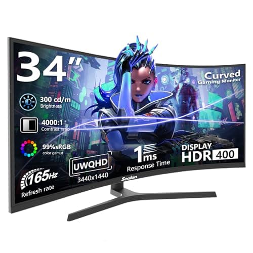 Sealan 34 inch Curved Ultrawide Computer Gaming Monitor 165Hz,UWQHD 3440x1440,1500R -PIP,1ms (MPRT),HDR, 300nits, sRGB99%,FreeSync,HDMI2.0(TMDS) x2,DP1.4 x2,Eye Care,VESA,Support Lifting Base
