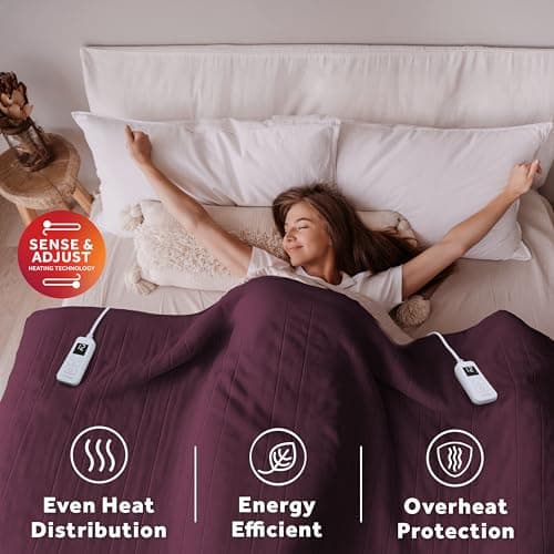 Sunbeam Royal Ultra Fleece Heated Electric Blanket Queen Size, 90" x 84", 12 Heat Settings, 12-Hour Selectable Auto Shut-Off, Fast Heating, Machine Washable, Warm and Cozy, Cabernet 7