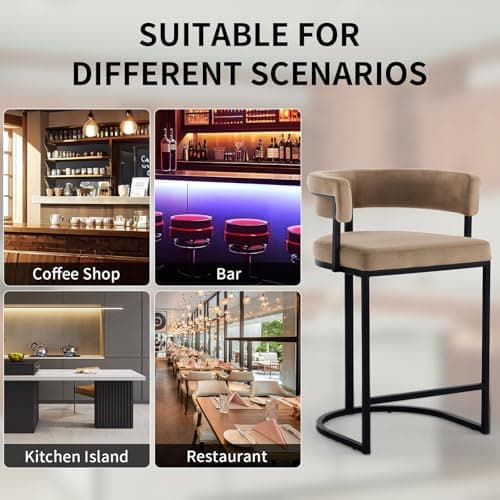 Rongbuk Set of 2 Brown Modern Velvet Bar Stools with Barrel Backrest, Upholstered Seat, and Black Metal Footrest – 25.6-Inch Seat Height, Ideal for Counters, Home Bars, and Kitchen Islands 6