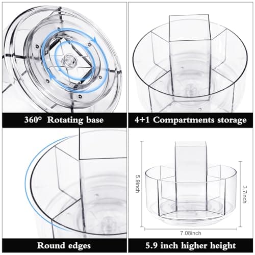 JIKIOU Acrylic Pen Holder, 360-Degree Rotating Pen Holder for Desk, Clear Desk Organizers and Accessories with 5 Compartments Pencil Organizer, Art Supply Storage Box Caddy for Office, Home 5