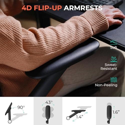 CAPOT Ergonomic Mesh Office Chair, Adjustable Lumbar High Back Desk Chair 400lbs, 4D Flip-up Arms, 3-Level Tilt Backrest, 3D Headrest, PU Wheels, Swivel Rolling Computer Seating for Long Desk Work 6