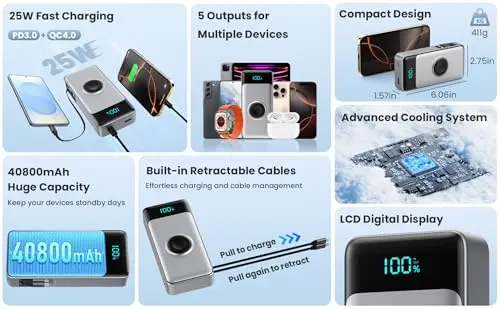 5-in-1 Portable Charger for iPhone,40800mAh Power Bank Built-in Retractable Cable and iWatch Charger,25W PD QC4.0 Fast Charging Battery Pack,Travel Essential Phone Charger for iPhone 17/16/15,Android 8