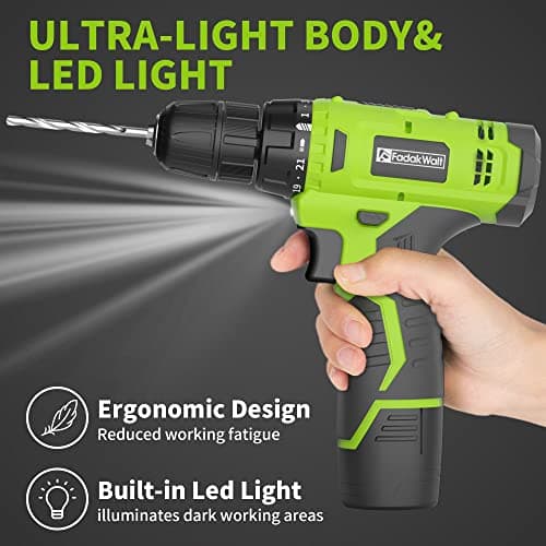 FADAKWALT Cordless Drill Set,12V Power Drill Set with Battery and Charger, Electric Driver/Drill Bits, 3/8'' Keyless Chuck,21+1 Torque Setting, 180 inch-lbs, with LED Electric Drill Set (Green) 6