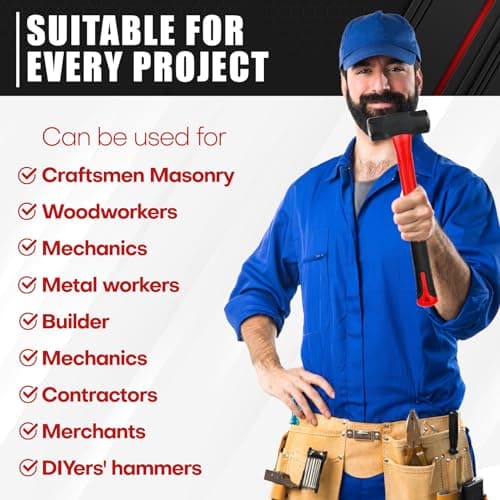 C&T 5-Piece Hammer Set, 16oz Ball Peen Hammer | 32oz Ball Peen Hammer | 32oz Rubber Mallet | 3lb Sledge Hammer | 3lb Cross Peen, Fiberglass Handle & Mallet Set 7