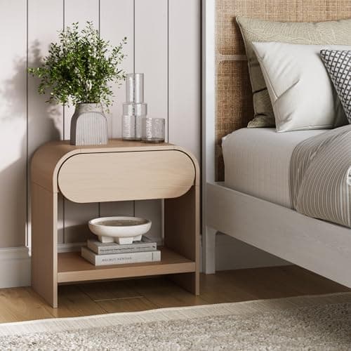 Nathan Jamea Iris Mid-Century Modern Nightstand with Drawer, End Table with Storage for Bedroom or Living Room with Rounded Silhouette, Light Oak