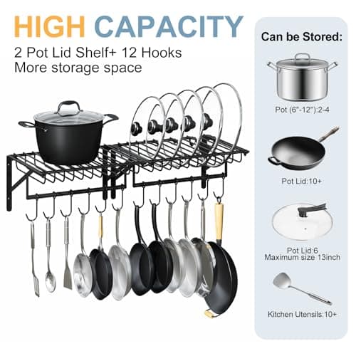 Hongtamoy 2 Packs Wall Mounted Pot Lid Rack Organizer, Hanging Pot and Pan Lid Organizer for Kitchen with 12 Upgrade Hooks, Pot Lid Holder for Cookware,Pans,Utensils Organization, Black 6