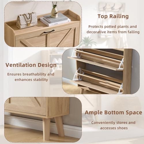 LEYAOYAO Shoe Storage Cabinet with 2 Flip Drawers，Narrow Shoe Storage Cabinet Organizer with Legs for Entryway Hallway, Living Room, Bedroom，Hidden Slim Storage Narrow Shoe Rack Cabinet,Natural 5