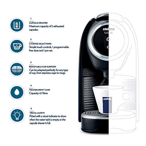 Lavazza BLUE Classy Mini Single Serve Espresso Coffee Machine LB 300, 5.3" x 13" x 10.2" 2 Coffee selections: simple touch controls, 1 programmable free dose and 1 pre-set 8