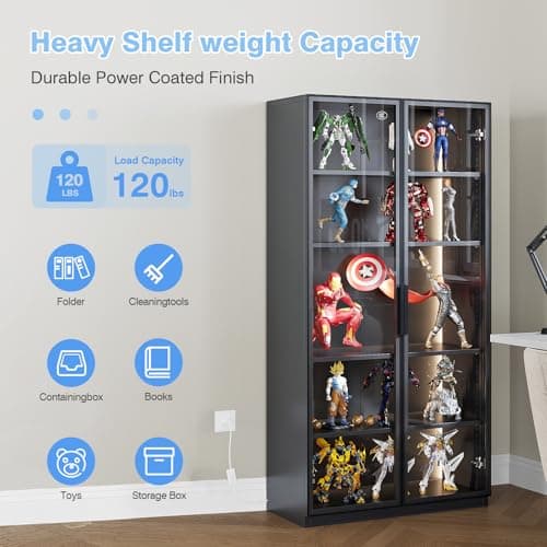 PEUKC Display Cabinet with Glass Doors, Curio Cabinets with Adjustable Shelves, Glass Cabinet Case for Home, Office, Clinic, Pantry, Assemble Required (Deep Grey, 63 in - LED Lights) 8