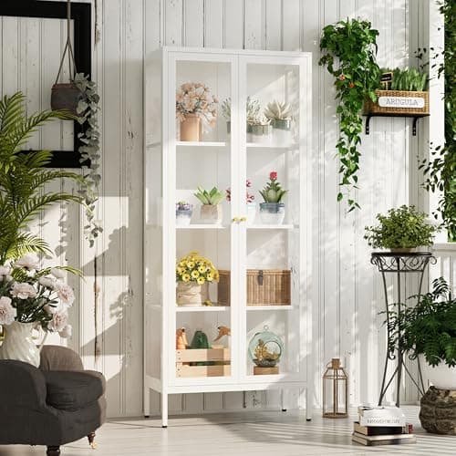 UNICOLY Display Cabinet with Glass Doors, Glass Display Cabinet 4-Tier, Metal Curio Display Cabinet with Tempered Glass Doors for Living Room, Plant, Display Shelf, Assembly Required, White 8