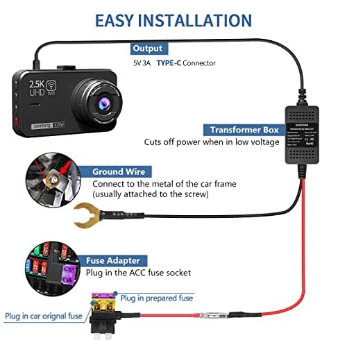 Upgraded Dash Cam Hardwire Kit, Type-C USB Hard Wire Kit 12V-24V to 5V Hardwire Kit with Low Voltage Protection 13ft Dash Cam Charger Power Cord for Dashcam GPS Power Supply Radar Detectors and More 5