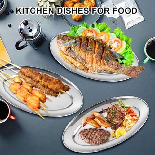 AKOLAFE 8PCS Large Stainless Steel Sizzle Platter Food Serving Trays for Party Buffet Oval Serving Platter Set Decorative Silver Plates Metal Tray Long Sizzler Plates for Sushi Appetizer Table Dish 5