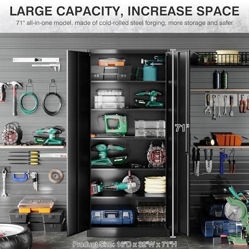 SISESOL Metal Storage Cabinet with 2 Doors and 6 Shelves,Black Metal Cabinet with Lock,71" Lockable Garage Storage Cabinets,Locking File Cabinet,Steel Tool Cabinets for Home,Office,Garage,Shop,School 9
