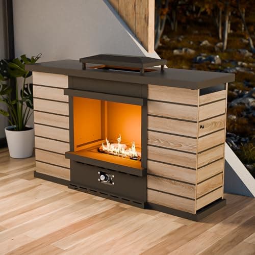 INTER HUT 63'' Smokeless Outdoor Propane Fireplace with Tank Storage & Extra Storage Cabinet, CSA Certified 50,000 BTU Patio Fire Pit with Cover for Garden, Backyard and Patio, Black/Beige