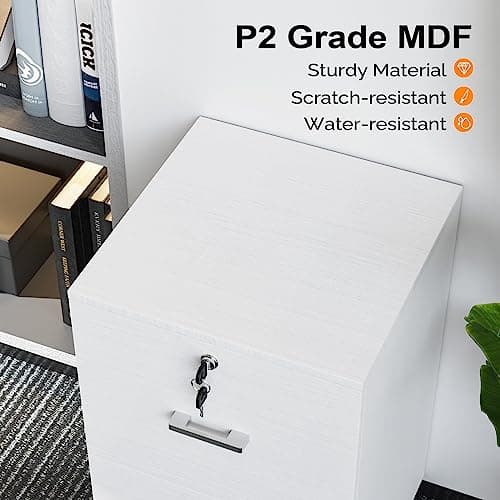 VINGLI 2 Drawer File Cabinet with Lock, Wood Grain White File Cabinets for Letter Size File Folders with Tabs, Mobile Under Desk Filing Cabinets for Home Office, Rolling Filing Cabinet Printer Stand 8