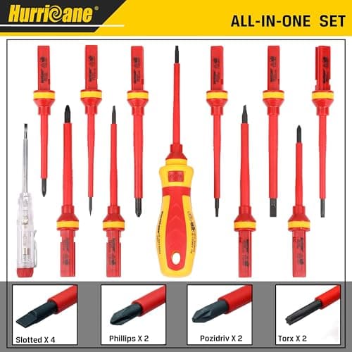 HURRICANE 1000V Insulated Electrician Screwdriver Set, 13 Piece Professional Electrical Screwdriver Set, CR-V Steel Magnetic Phillips Slotted Pozidriv Torx, Insulation VDE & GS Certified Screwdriver 7