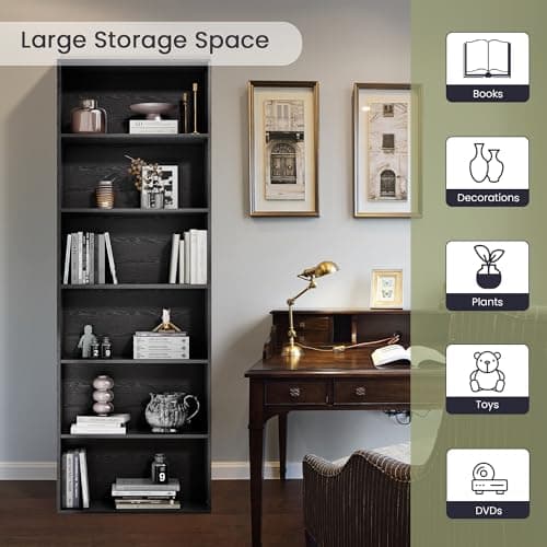 GRUSIGN 71" Tall 6-Tier Bookshelf, Large Open Display Bookcase with Ample Storage, Floor Standing Book Shelf for Living Room, Home Office, Bed Room, Black 9