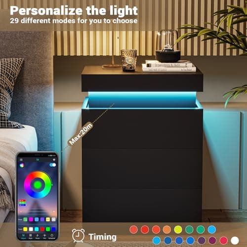 ADORNEVE Nightstand with Charging Station and LED Lights,Night Stand with Sliding Top,Bedside Table with Drawers,Modern End Side Table for Bedroom,Black 5