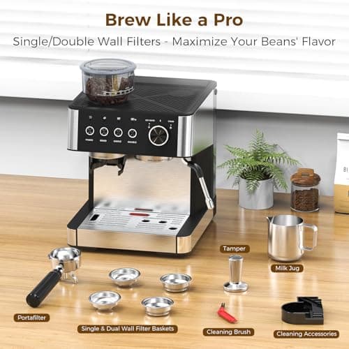 (2025 Upgrade)20 Bar Espresso Machine with Built-in Anti-Clog Coffee Grinder, Expresso Coffee Machines with Milk Steam Wand/Frother/Tamping Tools,Espresso Maker with Grinder for Lattes-Charcoal 7