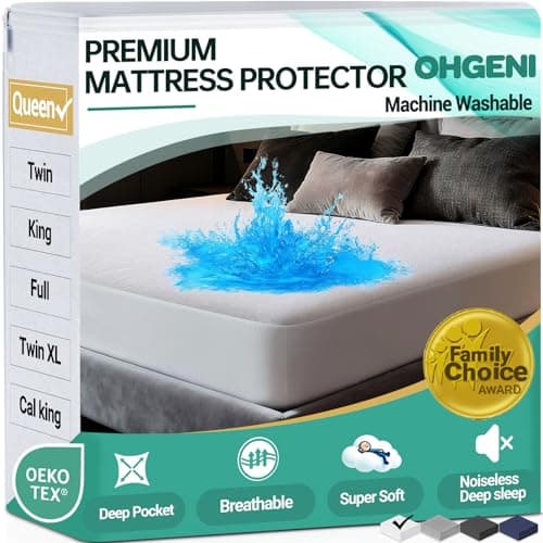 OhGeni Waterproof Mattress Protector, Queen Size Fitted Sheet with Deep Pocket, 6''-18'' Washable Hypoallergenic Mattresses Cover,Noiseless Soft Mattress Pad, Urine,Bedroom Essential,Pee & Dirt-Proof