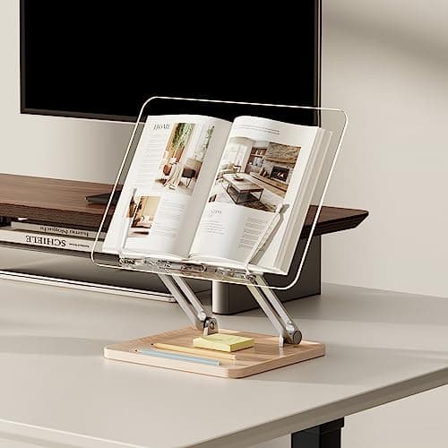 Adjustable Acrylic Book Stand for Reading, Book Holder with Pen Slot, Foldable Desktop Riser for Laptop, Recipe, Textbook - Hands-Free,Cookbook Stand, Clear Design with Page Clips 6