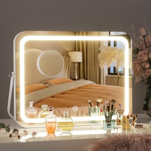 Hasipu Vanity Mirror with Lights, 14" x 10" LED Makeup Mirror, 3 Modes Light, Smart Touch Control Dimmable, 360°Rotation, Rectangle White Frame, with 5X Magnifying Glass