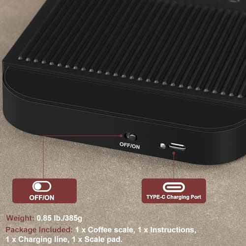 Coffee Scale with Timer, Kitchen, Digital, Rechargeable, Glass Mirror Design, for Pour-Over Barista, 0.3-3000g/0.1g 5