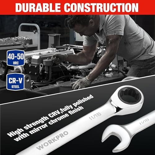 WORKPRO Ratcheting Wrench Set, SAE, 7-piece Ratcheting Combination Wrench Set, 5/16'', 3/8'', 7/16'', 1/2'', 9/16'', 5/8'', 18/16'', 12-Point, CR-V Steel, with Organizer Rack 5