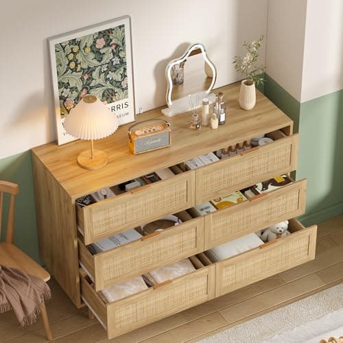 Furniouse Rattan Dresser for Bedroom, 6 Drawers Wood Small Dresser for Closet with Solid Legs and Natural Rattan, Boho Beside Table for Living Room, Natural 6