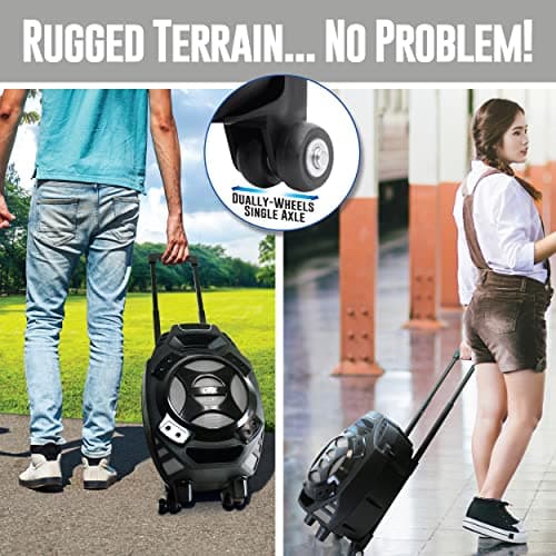 QFX PBX-61081 Rechargeable Portable Speaker | 8" Woofer | 400 Watts | Bluetooth, AUX, SD Card, FM Radio | Handle, Wheels, 12 Lbs | Perfect for Tailgating, Indoors, Outdoors Audio | Silver 8