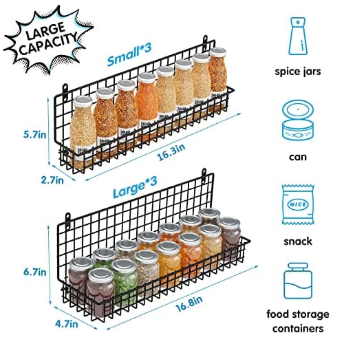 JKsmart 6-Tier Spice Rack Organizer with Door Hook, Wall Mounted & Over the Door Spice Racks for Kitchen Pantry Door Cabinet, Two Size, Large Capacity, Black 5