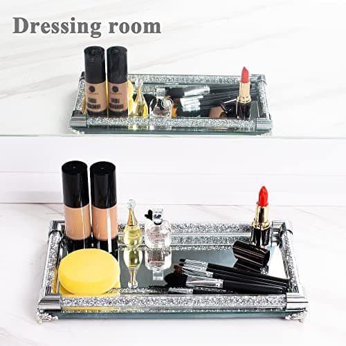 SHYFOY Mirror Perfume Tray for Dresser Crushed Diamond Crystal Trays for Vanity Silver Glass Decorative Bathroom Tray for Home Decorative, Party, Hotel Banquet, NO Letters,12.5 x 6.5 x 1.5 Inches 5