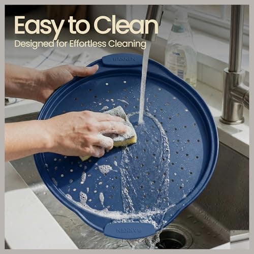 Bakken Pizza Baking Pan - Round Perforated Carbon Steel Pan with Non-Stick Marble Coating, Oversized Silicone Handle, Dishwasher Safe, High-Temperature Resistant, Durable & Easy Cleanup Blue, 1 Pack 7