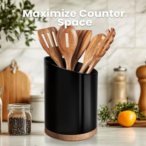 KITEISCAT Large Ceramic Utensil Holder for Kitchen Counter, Modern Crock with Slanted Top & Cork Mat, for Spatulas & Cooking Spoons, Black 7