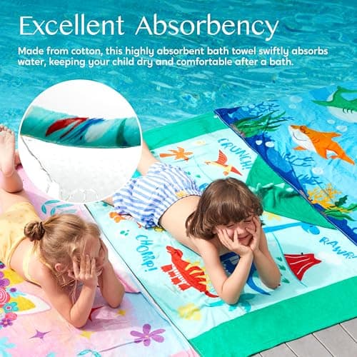 Joiedomi Dinosaur Hooded Towels for Kids Soft 100% Cotton Kids Beach Towel 30" x 50" for 3-10 Years Boy Girl Beach Hooded Poncho Absorbent Pool Toddler Swim Bath Wrap 5