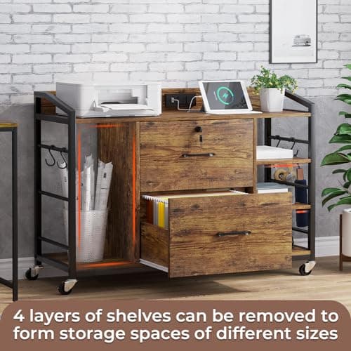 SEDETA 44" File Cabinet, Filing Cabinet fits Legal/Letter Size, 2 Drawer File Cabinets for Home Office with Lock, Power Strip, 6 Storage Shelves, Rustic Brown 8