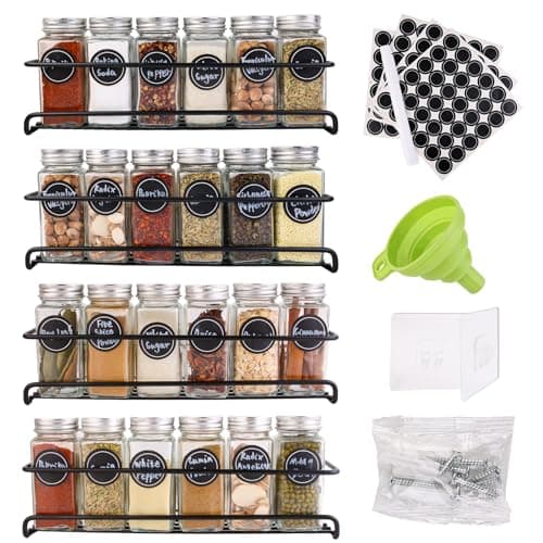 PNHYTUGY Spice Rack Wall Mount, 4 Pack Hanging Spice Rack with 24 Spice Jars, 180 Spice Labels, Whiteboard Marker & Funnel, Screw or Adhesive Spice Rack Organizer for Cabinet.Wall.Metal