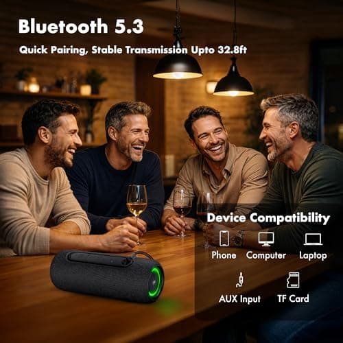 Fisher Portable Bluetooth Speakers IPX5 Waterproof Speaker, 14W PEAK Power Stereo Bluetooth Speaker, RGB Lights, TWS, BT 5.3, Built-in Mic, Hands Free Calling Speakers Bluetooth Wireless, Use Anywhere 6