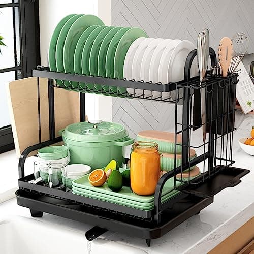Kitsure Dish Drying Rack, Multifunctional, Rustproof with Drainboard, Space-Saving 2-Tier with a Large Capacity for Kitchen Counter